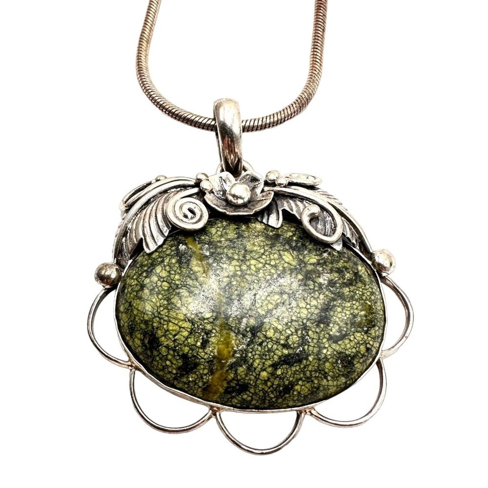 Green Snakeskin Jasper 925 Sterling Silver Pendant 22" Necklace 42 Grams
